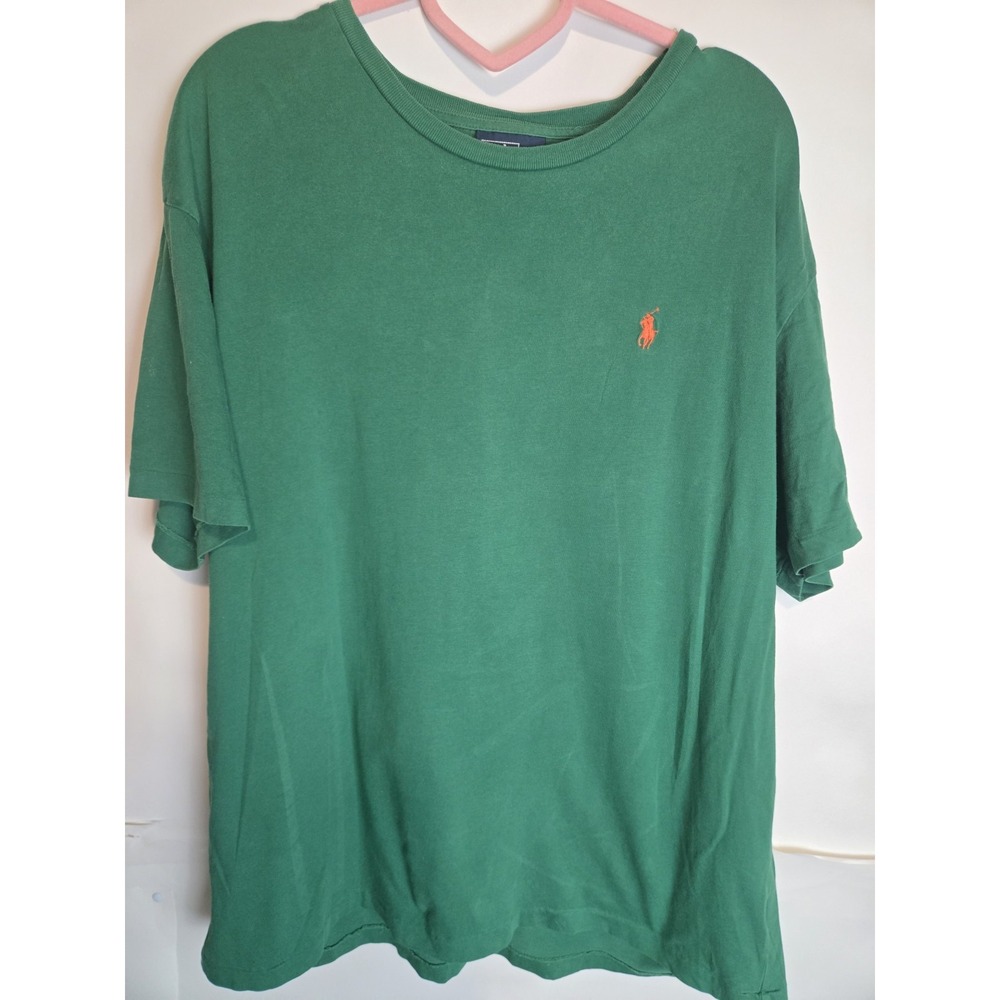 Vintage 90s Polo Ralph Lauren T-shirt Green Size Large Single Stitch Orange Pony